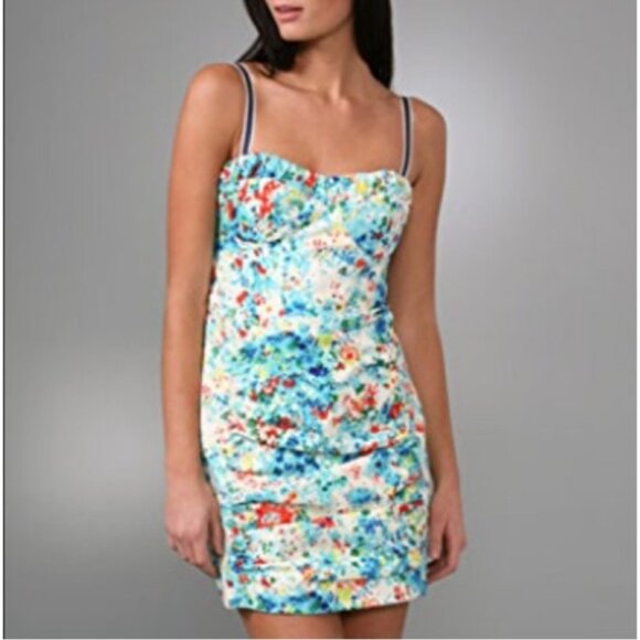 Nanette Lepore White & Multicolor Printed Sleeveless Rouched Sheath Dress sz 6 - Picture 2 of 16